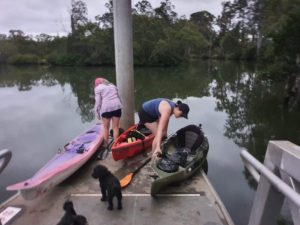 Hauling our the ski and kayak on the pontoon to go for a walk