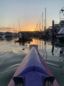 Paddling into the marina at sunset
