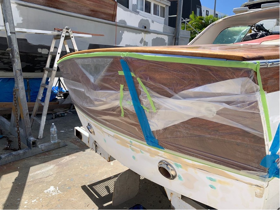 Various photos of progression of the timber restoration on a hand built time ski boat.